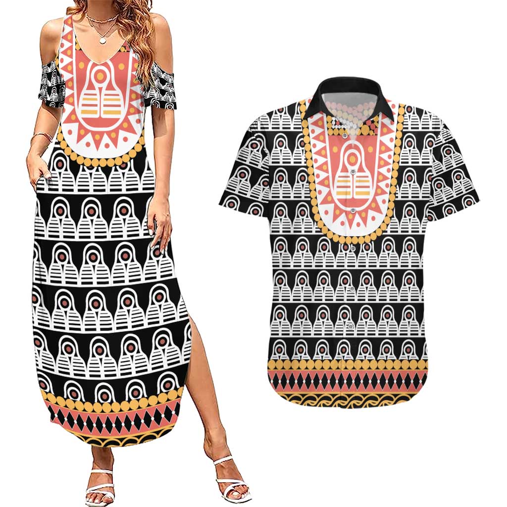 Cameroon Traditional Couples Matching Summer Maxi Dress and Hawaiian Shirt Toghu Pattern