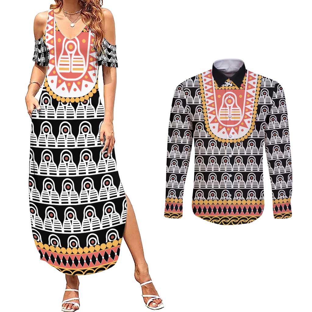 Cameroon Traditional Couples Matching Summer Maxi Dress and Long Sleeve Button Shirt Toghu Pattern