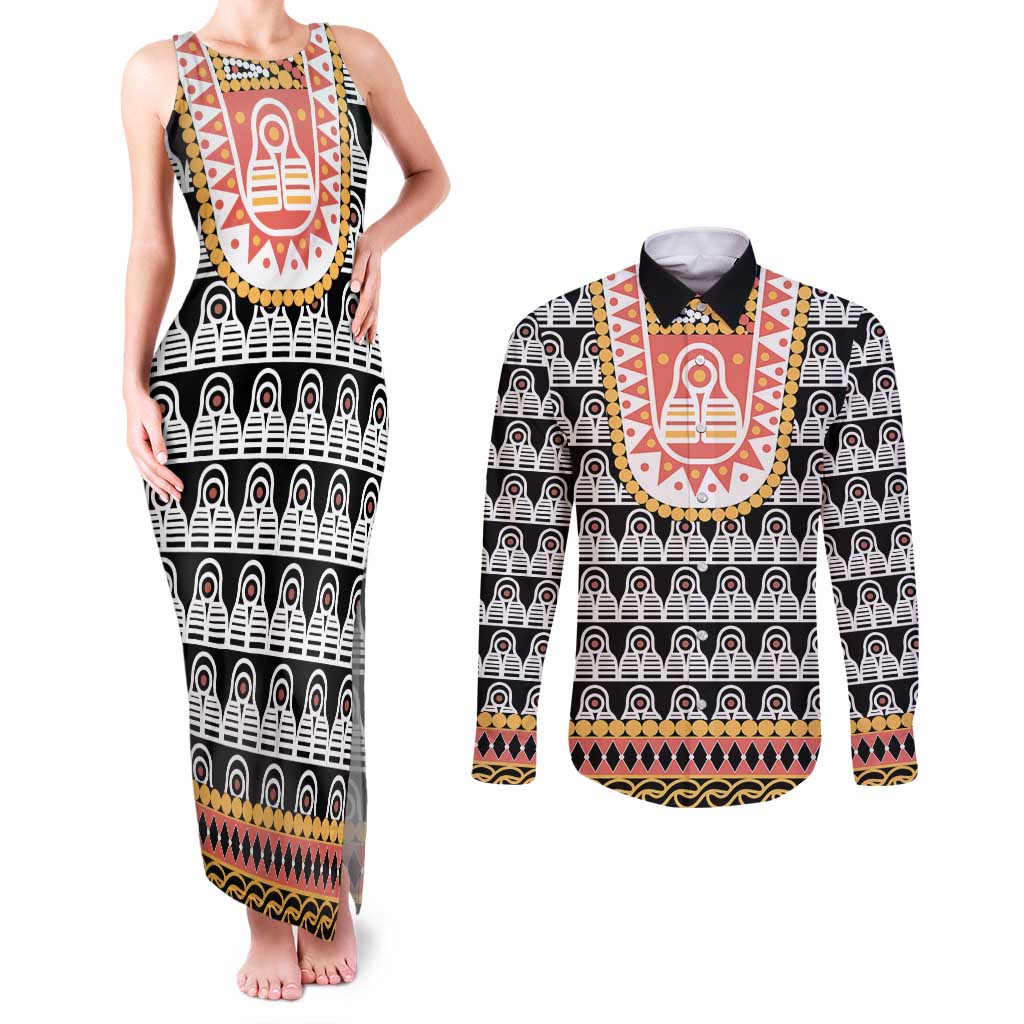 Cameroon Traditional Couples Matching Tank Maxi Dress and Long Sleeve Button Shirt Toghu Pattern