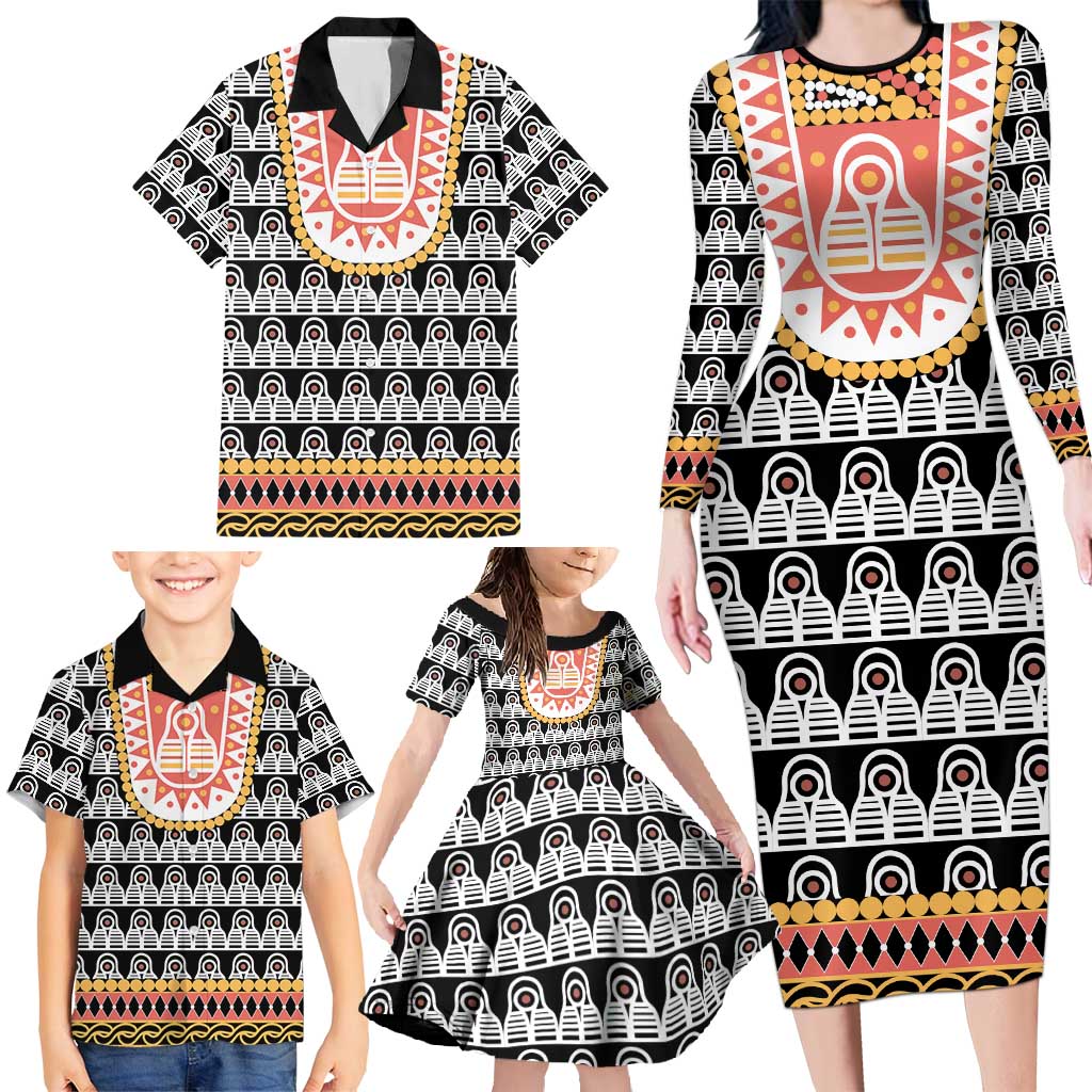 Cameroon Traditional Family Matching Long Sleeve Bodycon Dress and Hawaiian Shirt Toghu Pattern