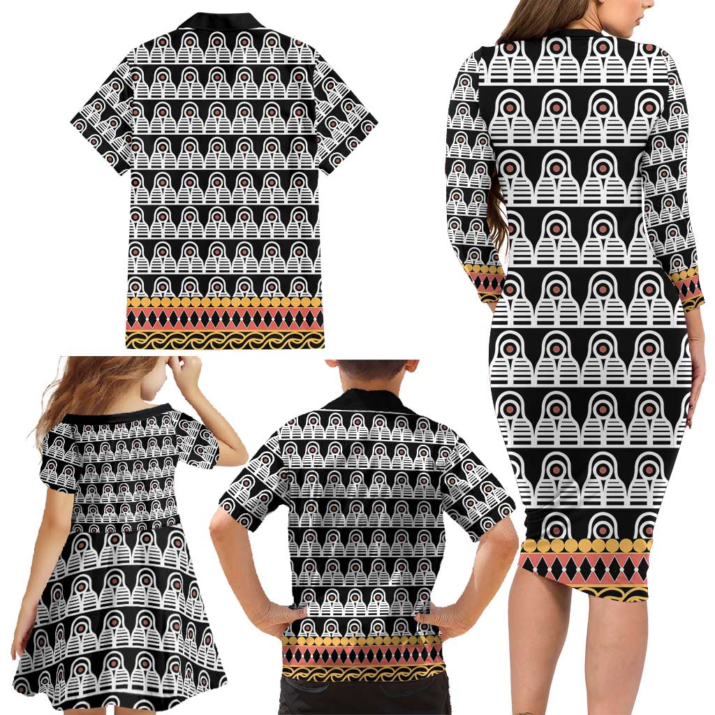 Cameroon Traditional Family Matching Long Sleeve Bodycon Dress and Hawaiian Shirt Toghu Pattern