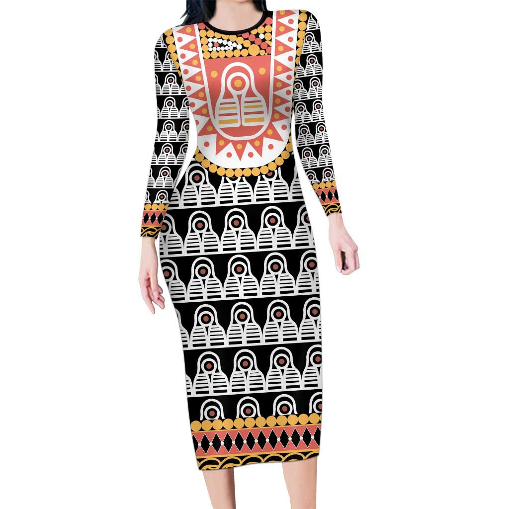 Cameroon Traditional Family Matching Long Sleeve Bodycon Dress and Hawaiian Shirt Toghu Pattern