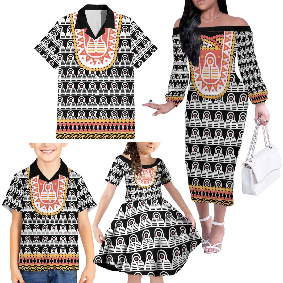 Cameroon Traditional Family Matching Off The Shoulder Long Sleeve Dress and Hawaiian Shirt Toghu Pattern