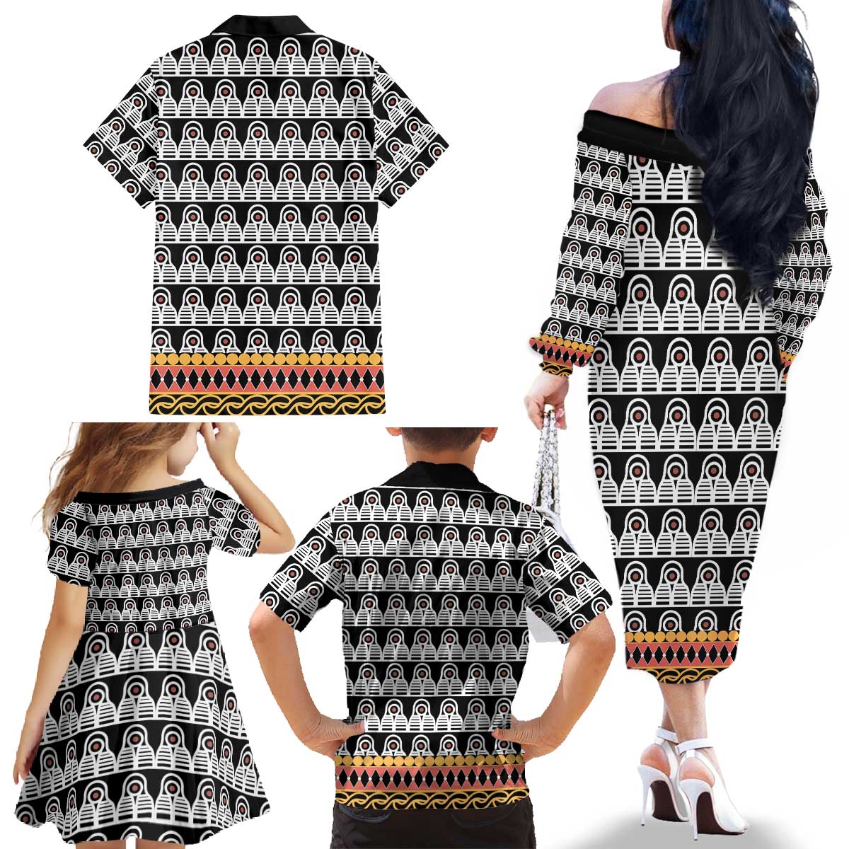 Cameroon Traditional Family Matching Off The Shoulder Long Sleeve Dress and Hawaiian Shirt Toghu Pattern