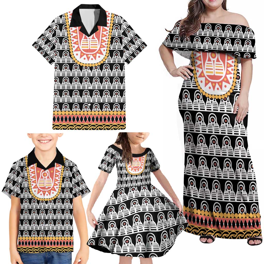 Cameroon Traditional Family Matching Off Shoulder Maxi Dress and Hawaiian Shirt Toghu Pattern