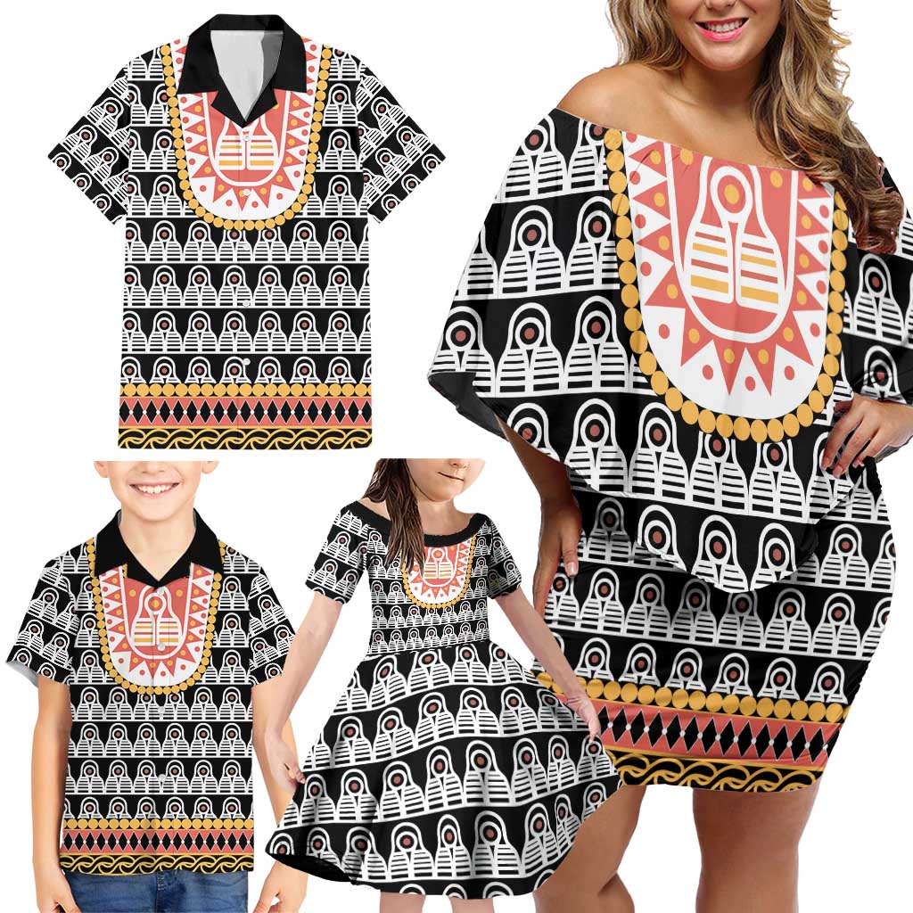 Cameroon Traditional Family Matching Off Shoulder Short Dress and Hawaiian Shirt Toghu Pattern