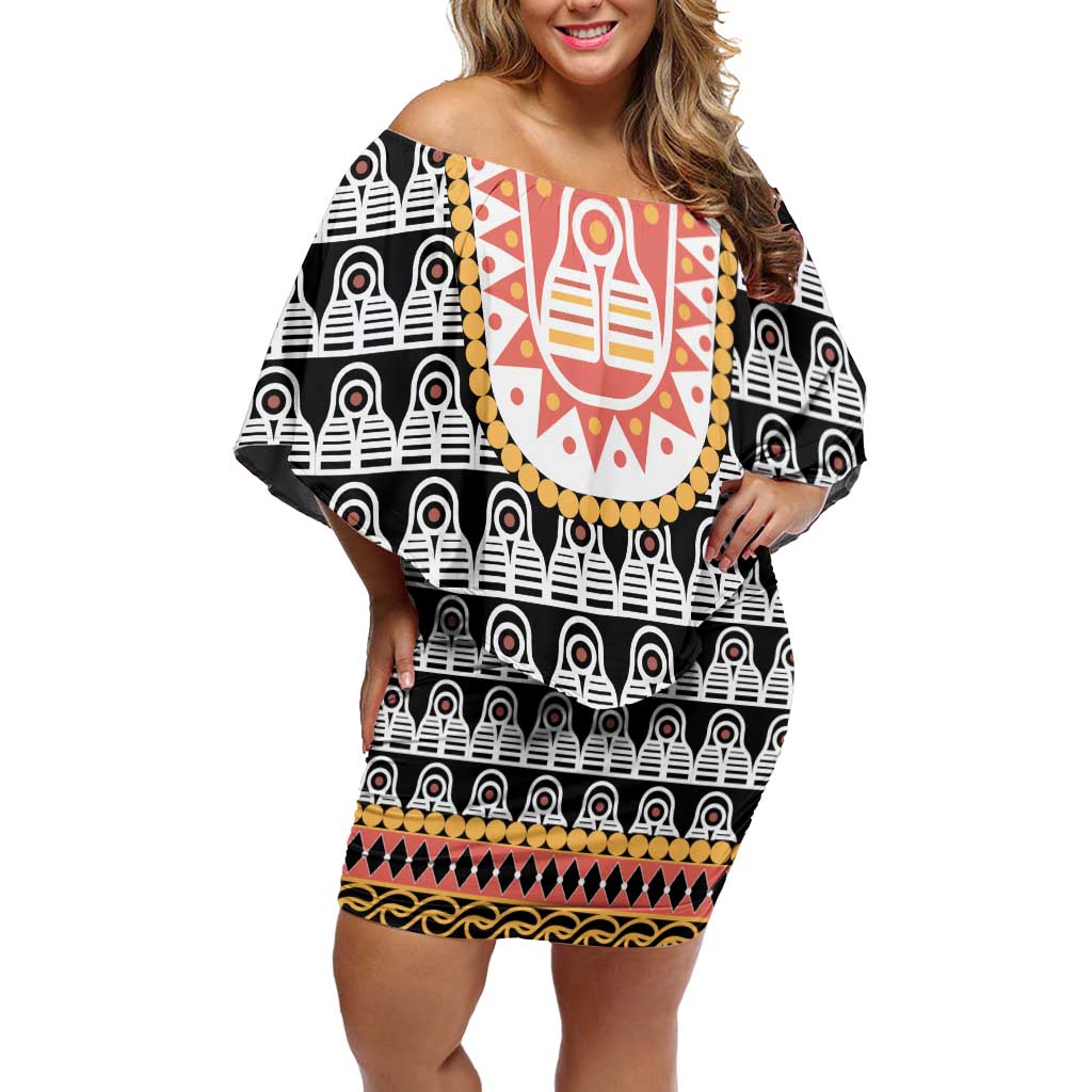 Cameroon Traditional Family Matching Off Shoulder Short Dress and Hawaiian Shirt Toghu Pattern