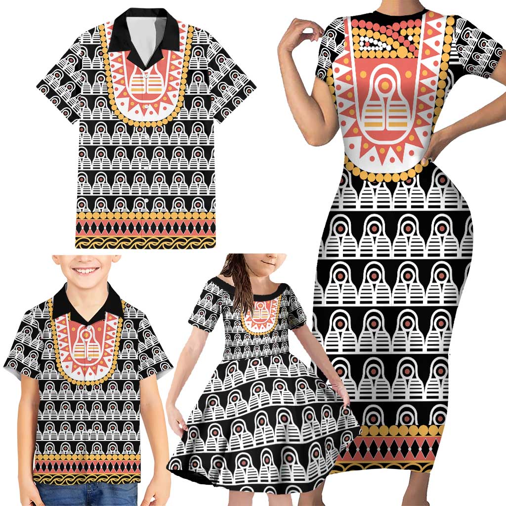 Cameroon Traditional Family Matching Short Sleeve Bodycon Dress and Hawaiian Shirt Toghu Pattern