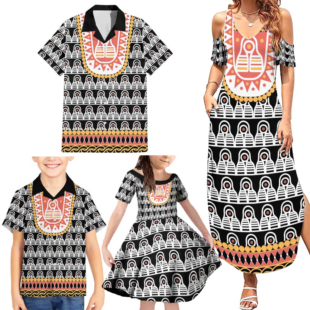 Cameroon Traditional Family Matching Summer Maxi Dress and Hawaiian Shirt Toghu Pattern
