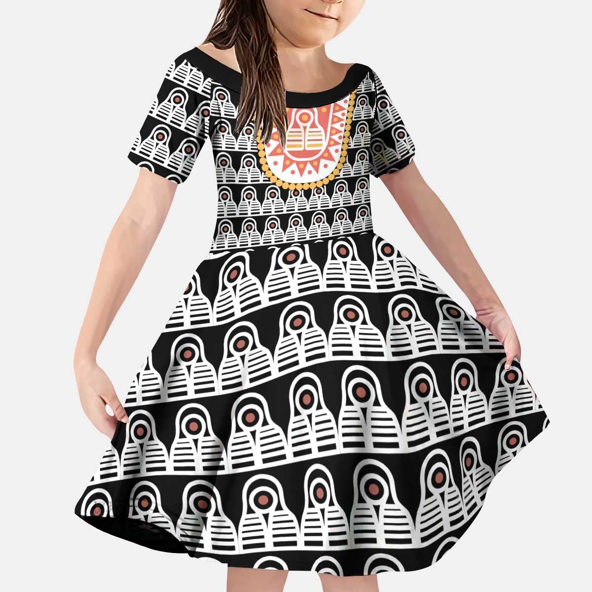 Cameroon Traditional Kid Short Sleeve Dress Toghu Pattern