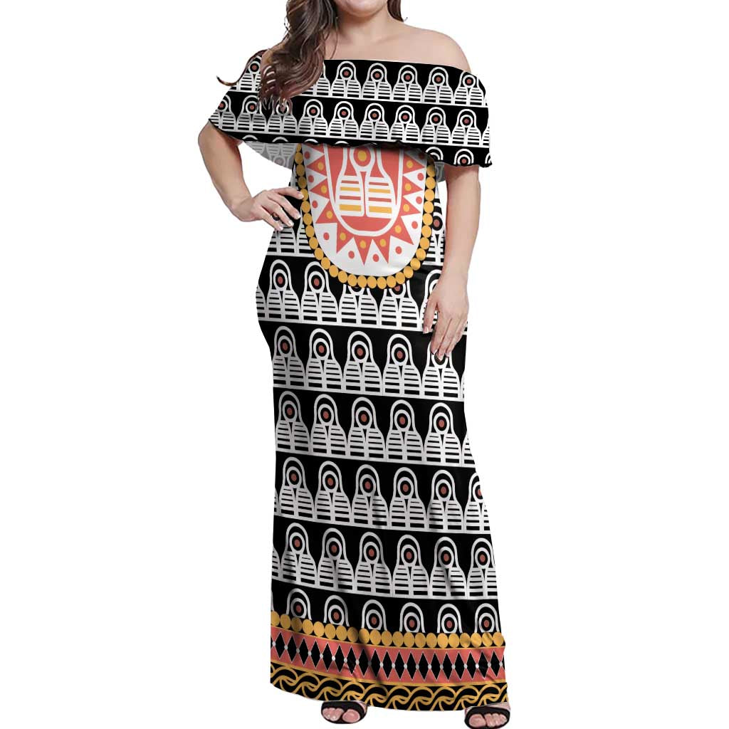 Cameroon Traditional Off Shoulder Maxi Dress Toghu Pattern