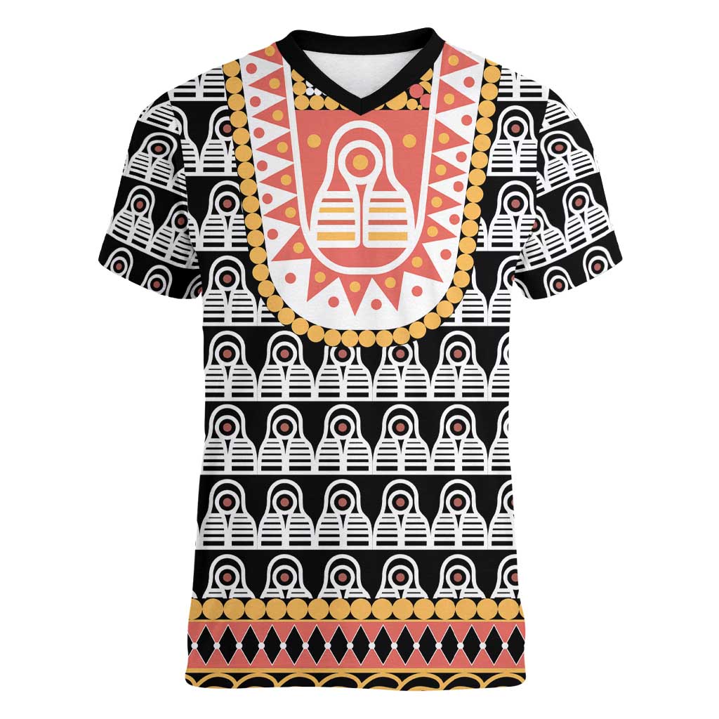 Cameroon Traditional Women V-Neck T-Shirt Toghu Pattern