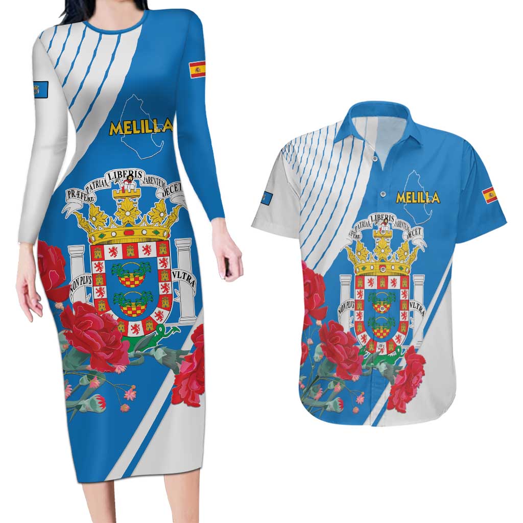 Melilla Couples Matching Long Sleeve Bodycon Dress and Hawaiian Shirt Coat Of Arms Red Carnation
