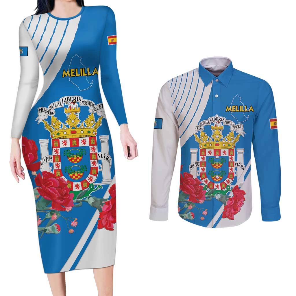 Melilla Couples Matching Long Sleeve Bodycon Dress and Long Sleeve Button Shirt Coat Of Arms Red Carnation