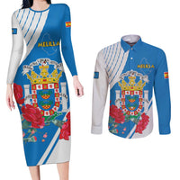 Melilla Couples Matching Long Sleeve Bodycon Dress and Long Sleeve Button Shirt Coat Of Arms Red Carnation
