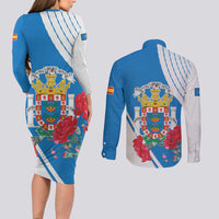 Melilla Couples Matching Long Sleeve Bodycon Dress and Long Sleeve Button Shirt Coat Of Arms Red Carnation