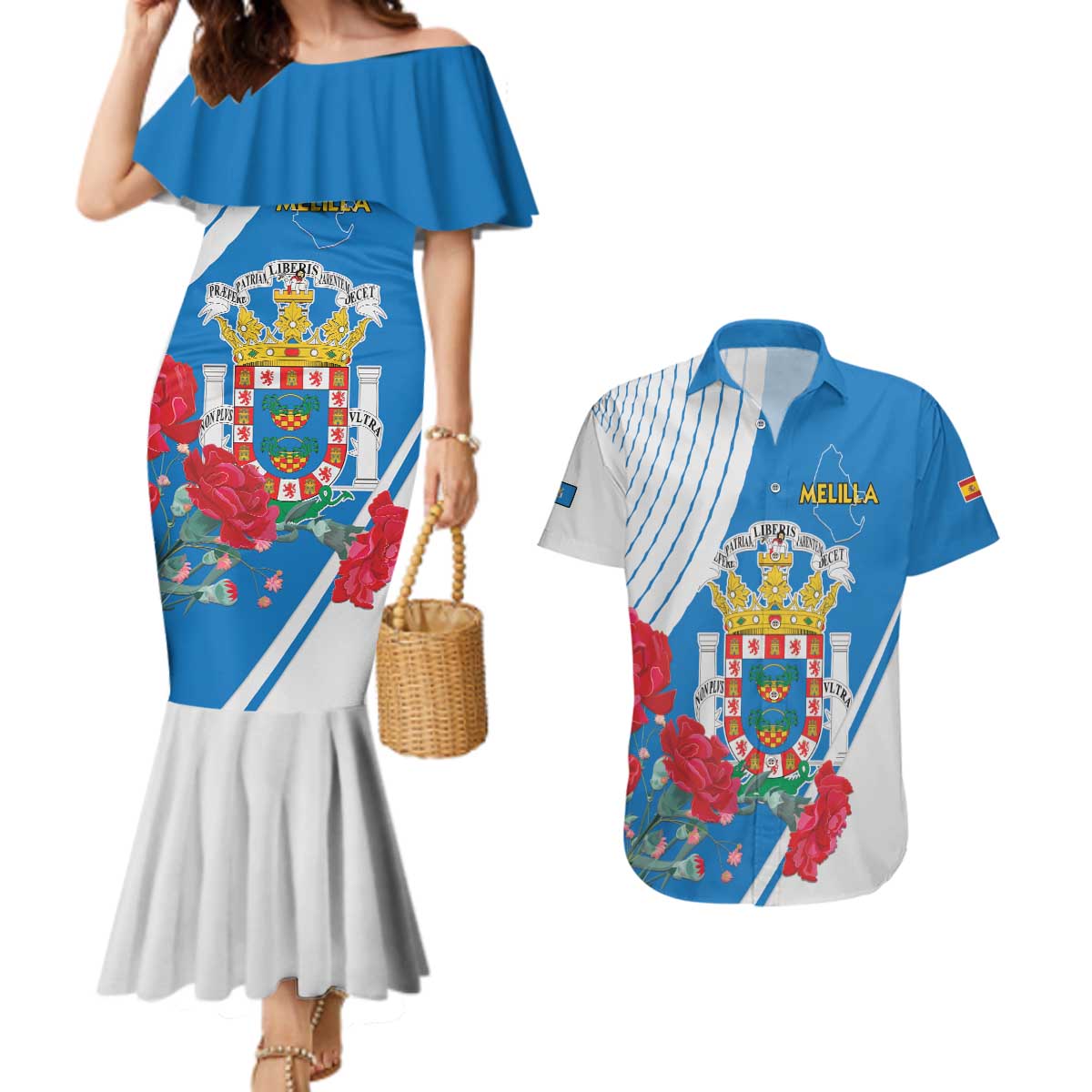 Melilla Couples Matching Mermaid Dress and Hawaiian Shirt Coat Of Arms Red Carnation