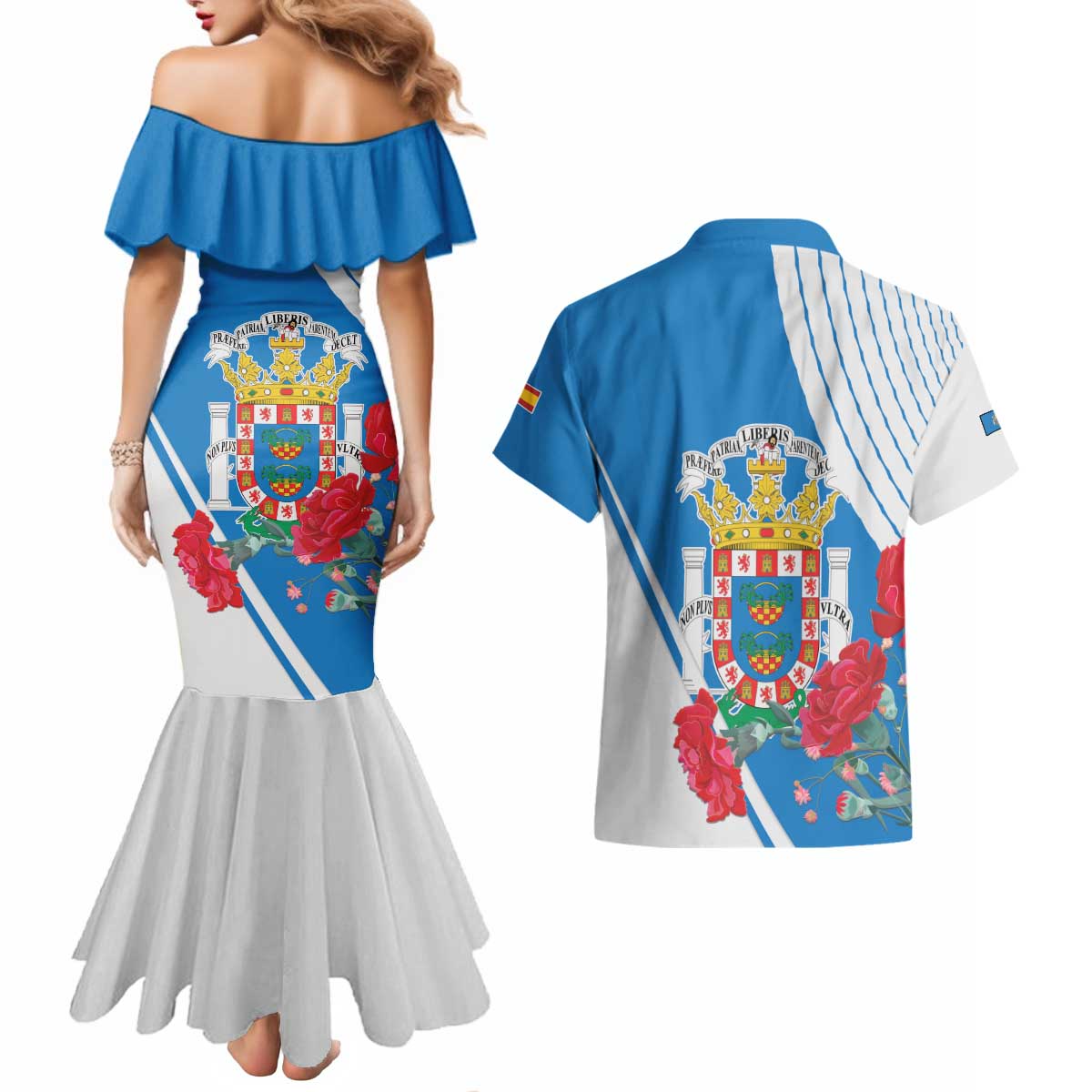 Melilla Couples Matching Mermaid Dress and Hawaiian Shirt Coat Of Arms Red Carnation
