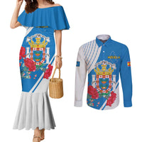 Melilla Couples Matching Mermaid Dress and Long Sleeve Button Shirt Coat Of Arms Red Carnation