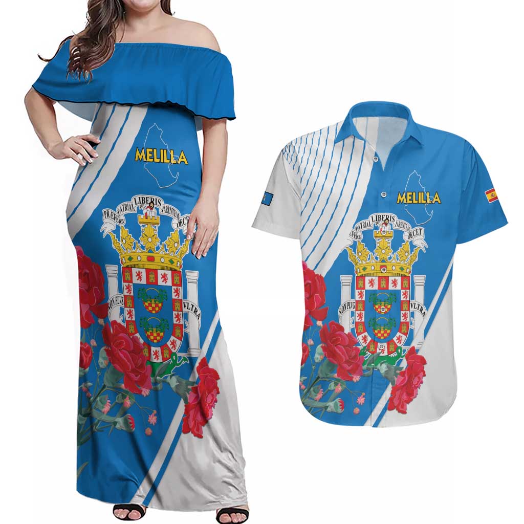 Melilla Couples Matching Off Shoulder Maxi Dress and Hawaiian Shirt Coat Of Arms Red Carnation