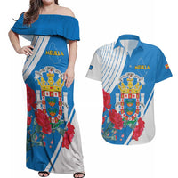 Melilla Couples Matching Off Shoulder Maxi Dress and Hawaiian Shirt Coat Of Arms Red Carnation
