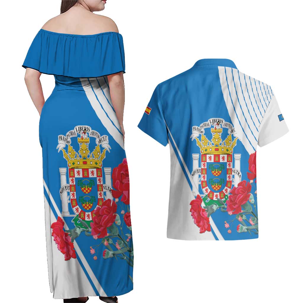 Melilla Couples Matching Off Shoulder Maxi Dress and Hawaiian Shirt Coat Of Arms Red Carnation