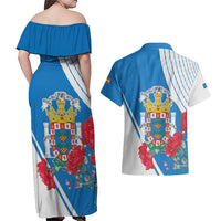 Melilla Couples Matching Off Shoulder Maxi Dress and Hawaiian Shirt Coat Of Arms Red Carnation