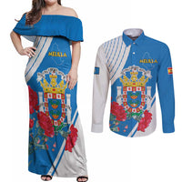 Melilla Couples Matching Off Shoulder Maxi Dress and Long Sleeve Button Shirt Coat Of Arms Red Carnation