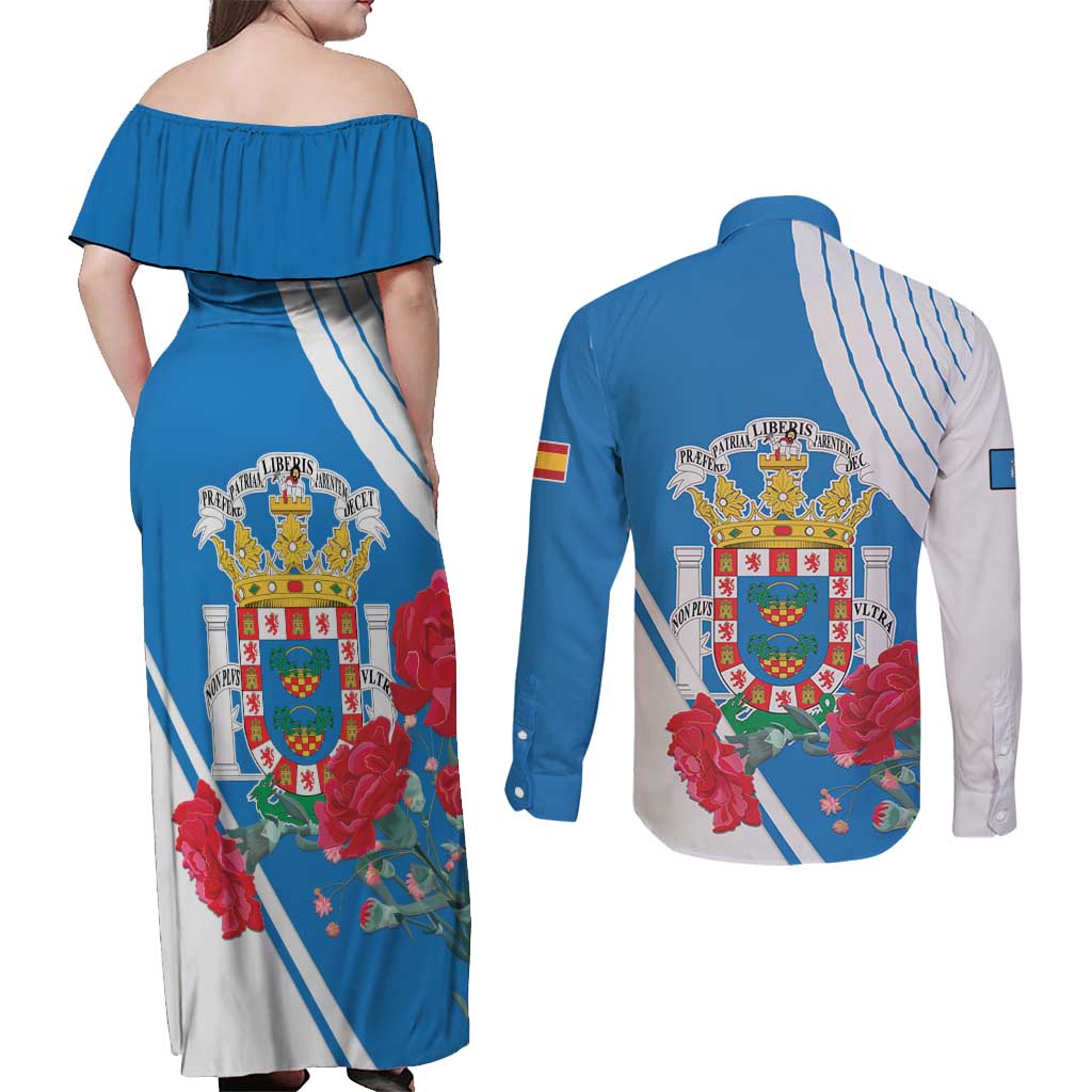 Melilla Couples Matching Off Shoulder Maxi Dress and Long Sleeve Button Shirt Coat Of Arms Red Carnation