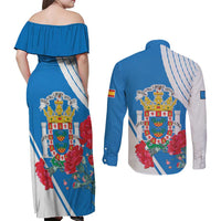 Melilla Couples Matching Off Shoulder Maxi Dress and Long Sleeve Button Shirt Coat Of Arms Red Carnation