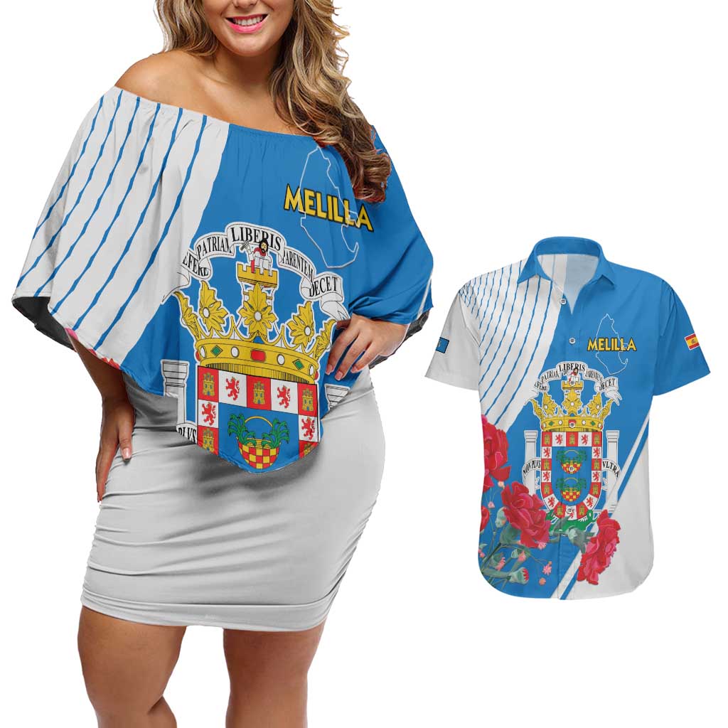 Melilla Couples Matching Off Shoulder Short Dress and Hawaiian Shirt Coat Of Arms Red Carnation