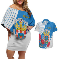 Melilla Couples Matching Off Shoulder Short Dress and Hawaiian Shirt Coat Of Arms Red Carnation