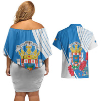 Melilla Couples Matching Off Shoulder Short Dress and Hawaiian Shirt Coat Of Arms Red Carnation