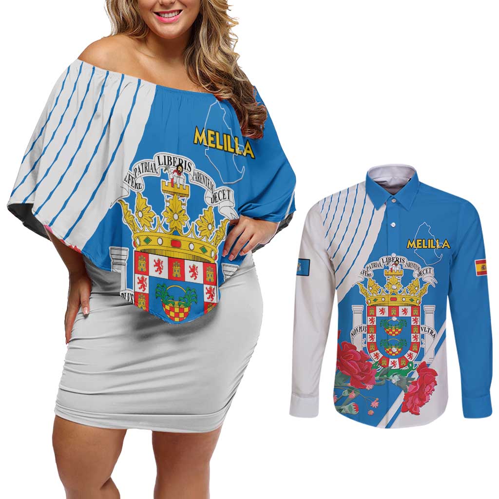 Melilla Couples Matching Off Shoulder Short Dress and Long Sleeve Button Shirt Coat Of Arms Red Carnation