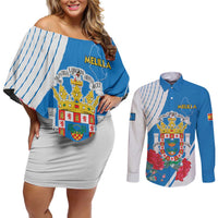 Melilla Couples Matching Off Shoulder Short Dress and Long Sleeve Button Shirt Coat Of Arms Red Carnation