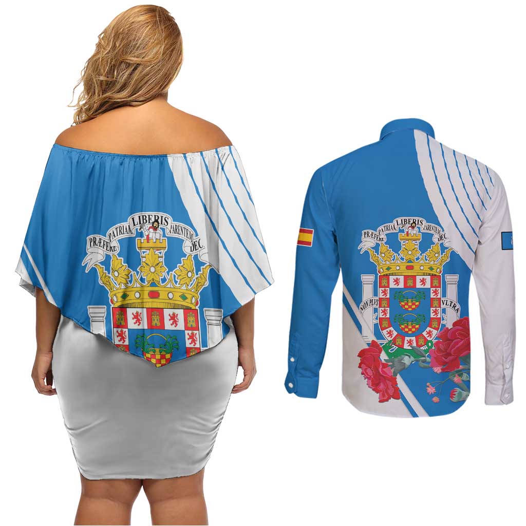 Melilla Couples Matching Off Shoulder Short Dress and Long Sleeve Button Shirt Coat Of Arms Red Carnation