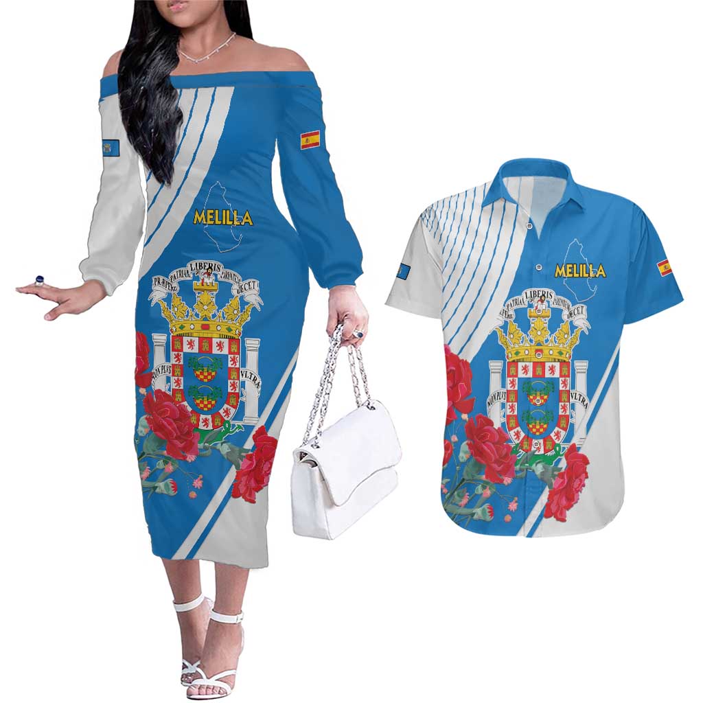 Melilla Couples Matching Off The Shoulder Long Sleeve Dress and Hawaiian Shirt Coat Of Arms Red Carnation