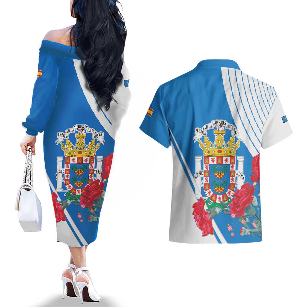 Melilla Couples Matching Off The Shoulder Long Sleeve Dress and Hawaiian Shirt Coat Of Arms Red Carnation