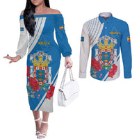 Melilla Couples Matching Off The Shoulder Long Sleeve Dress and Long Sleeve Button Shirt Coat Of Arms Red Carnation