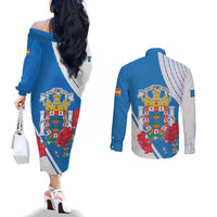 Melilla Couples Matching Off The Shoulder Long Sleeve Dress and Long Sleeve Button Shirt Coat Of Arms Red Carnation