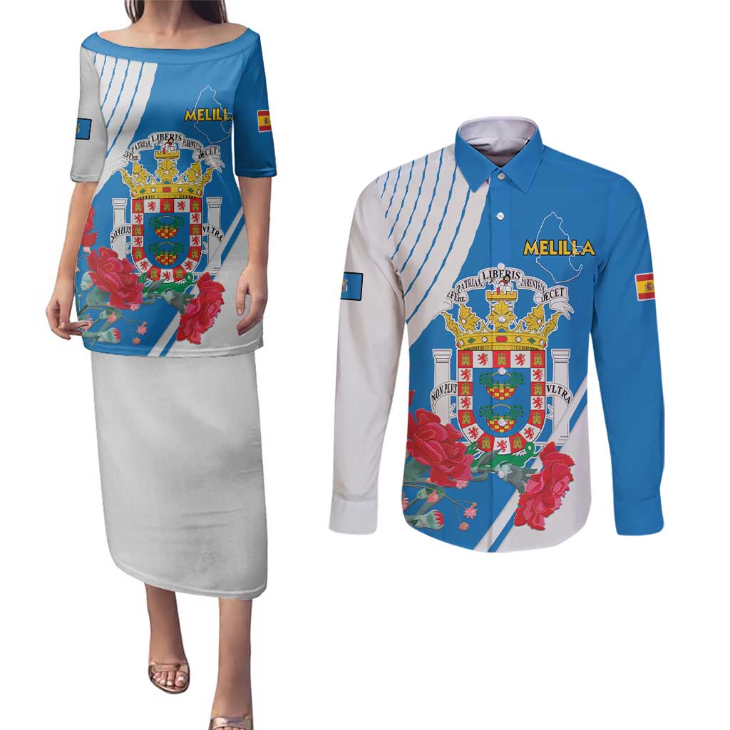 Melilla Couples Matching Puletasi and Long Sleeve Button Shirt Coat Of Arms Red Carnation