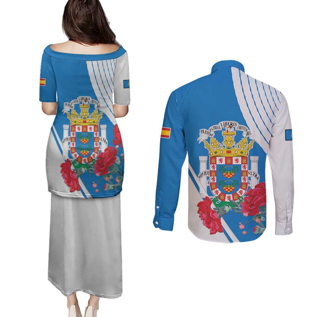 Melilla Couples Matching Puletasi and Long Sleeve Button Shirt Coat Of Arms Red Carnation