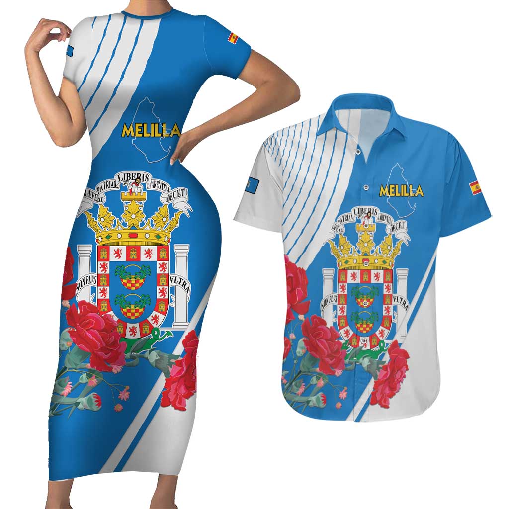 Melilla Couples Matching Short Sleeve Bodycon Dress and Hawaiian Shirt Coat Of Arms Red Carnation