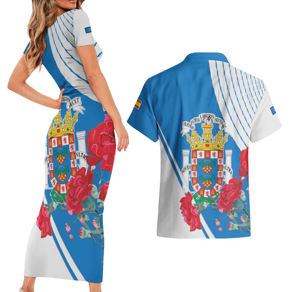 Melilla Couples Matching Short Sleeve Bodycon Dress and Hawaiian Shirt Coat Of Arms Red Carnation