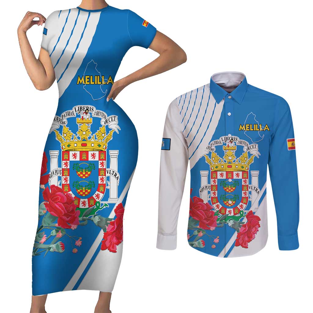 Melilla Couples Matching Short Sleeve Bodycon Dress and Long Sleeve Button Shirt Coat Of Arms Red Carnation