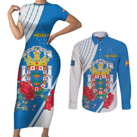 Melilla Couples Matching Short Sleeve Bodycon Dress and Long Sleeve Button Shirt Coat Of Arms Red Carnation