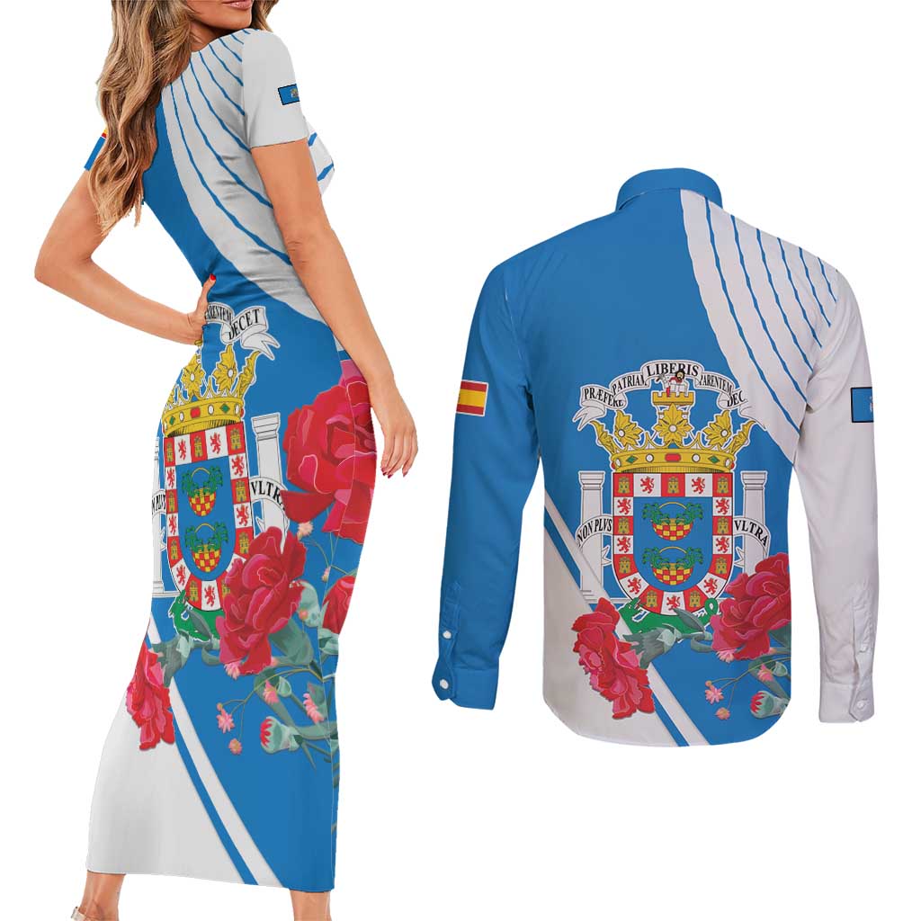 Melilla Couples Matching Short Sleeve Bodycon Dress and Long Sleeve Button Shirt Coat Of Arms Red Carnation