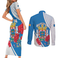 Melilla Couples Matching Short Sleeve Bodycon Dress and Long Sleeve Button Shirt Coat Of Arms Red Carnation
