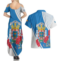 Melilla Couples Matching Summer Maxi Dress and Hawaiian Shirt Coat Of Arms Red Carnation