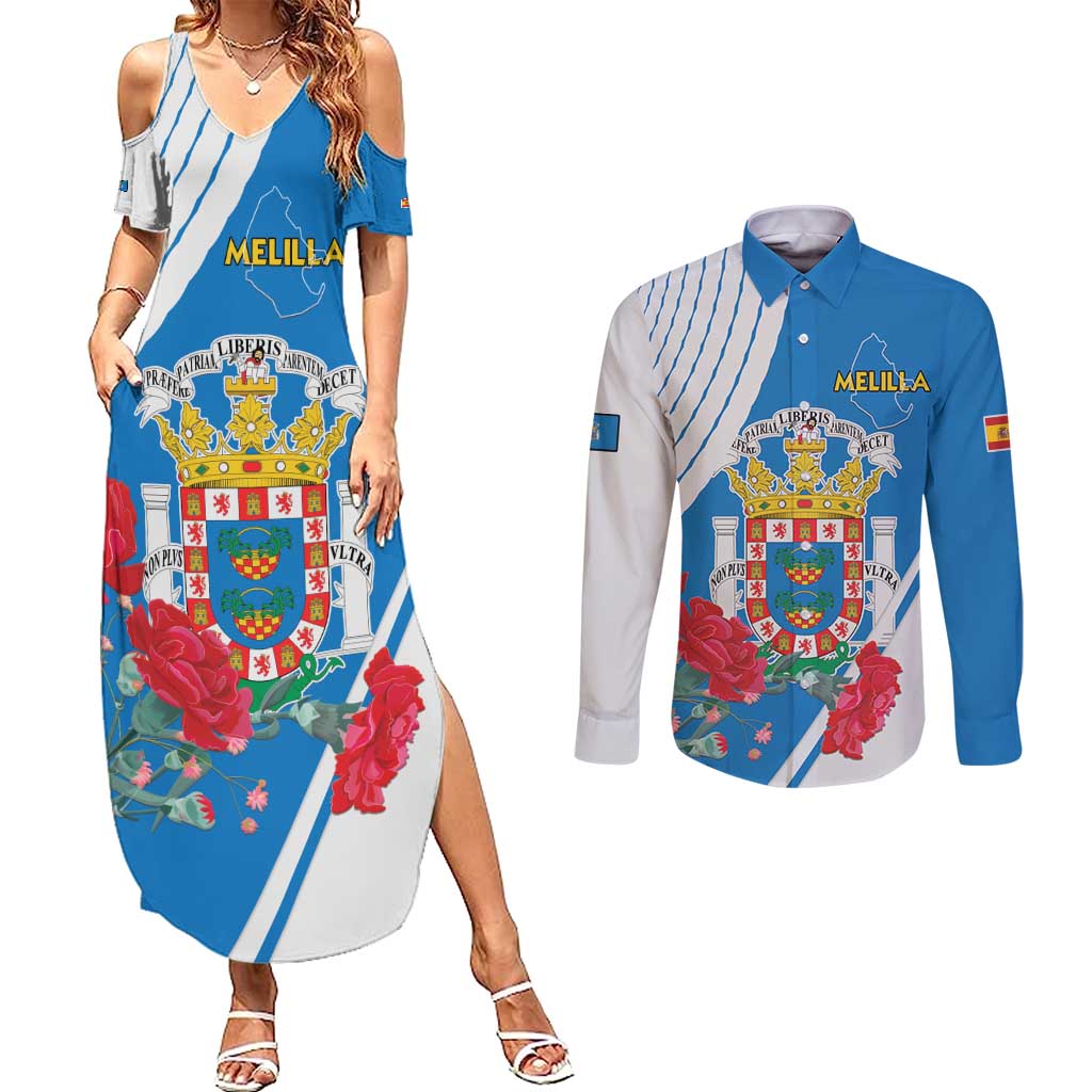 Melilla Couples Matching Summer Maxi Dress and Long Sleeve Button Shirt Coat Of Arms Red Carnation